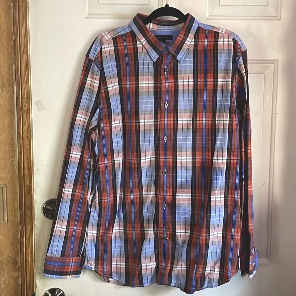 Banana Republic long sleeve shirt .  16-16.5.  Color is Orange, blue and brown.l